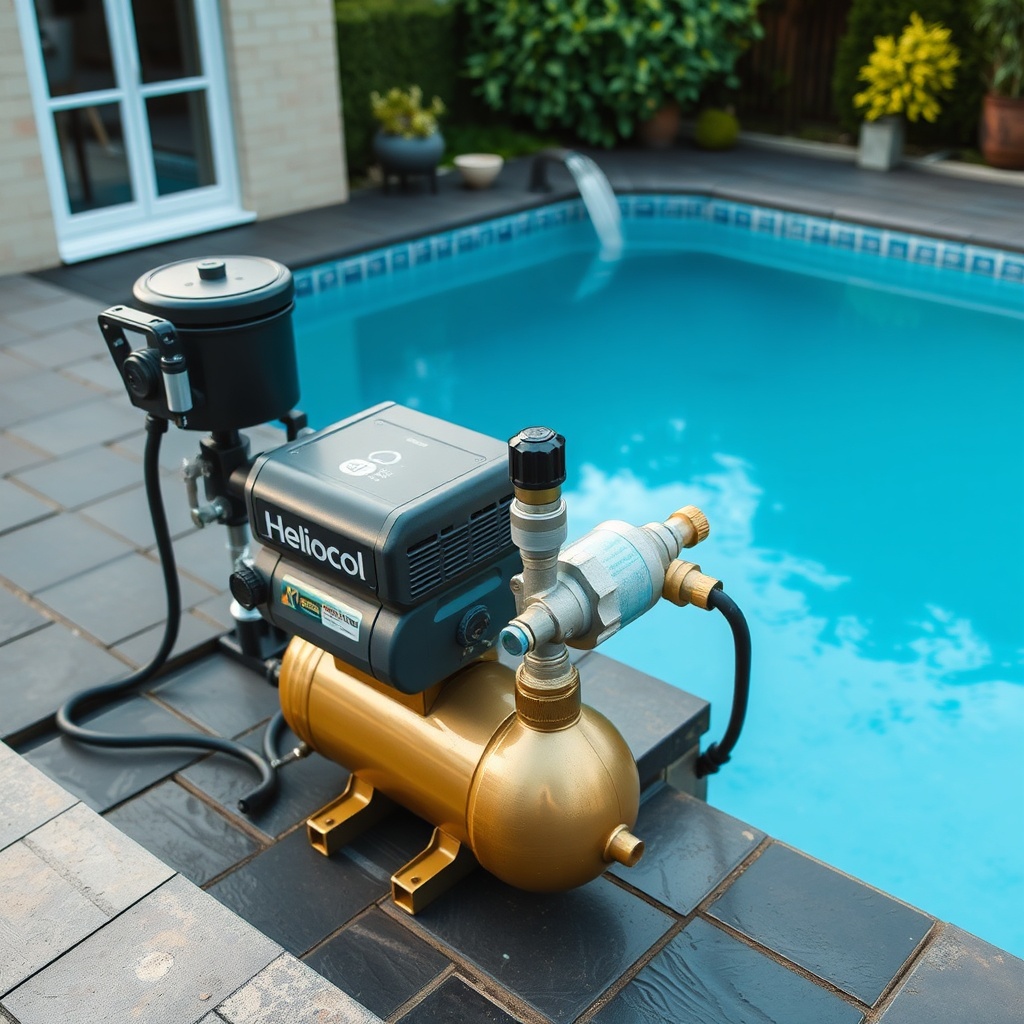 A clean photorealistic photo of a garden pool with a Heliocol HC-50 system on a slate roof