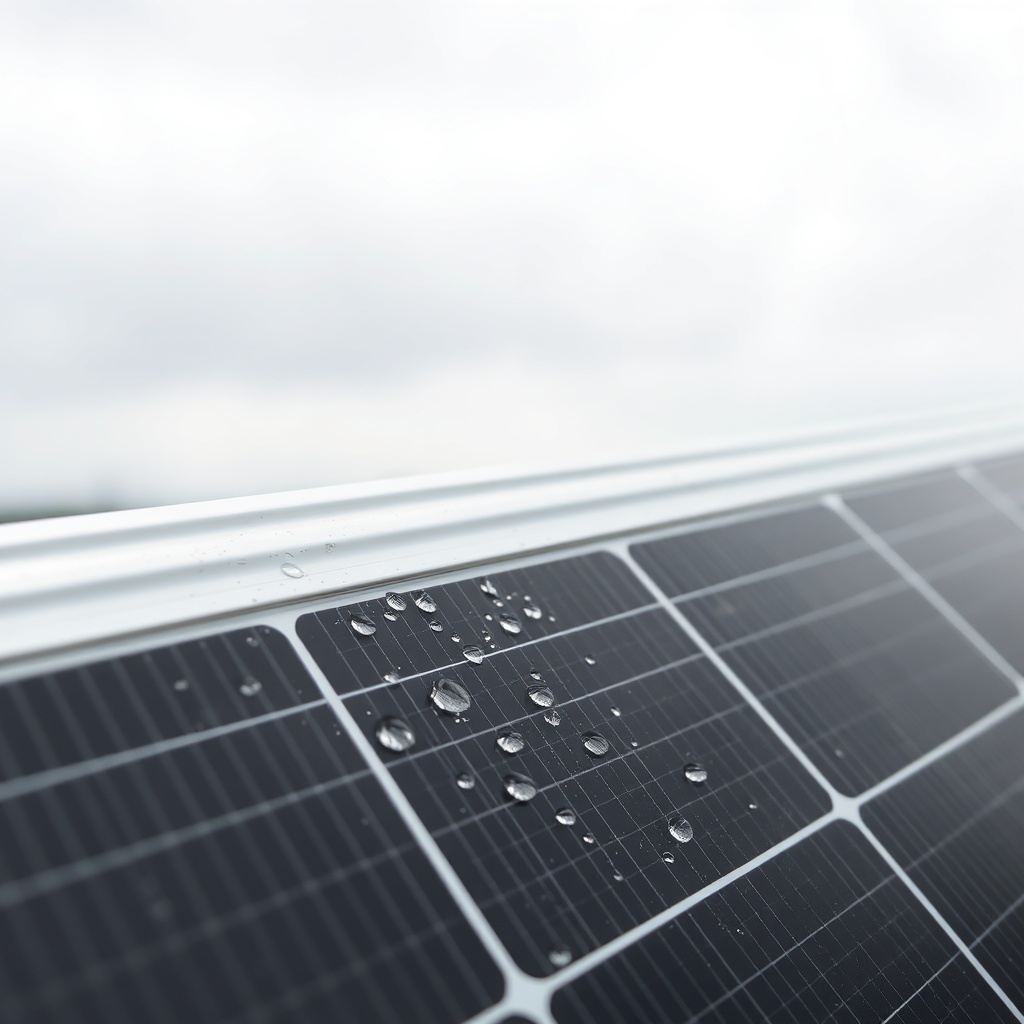 Close-up of a Fafco Solar Bear panel edge showing internal condensation droplets on a clou