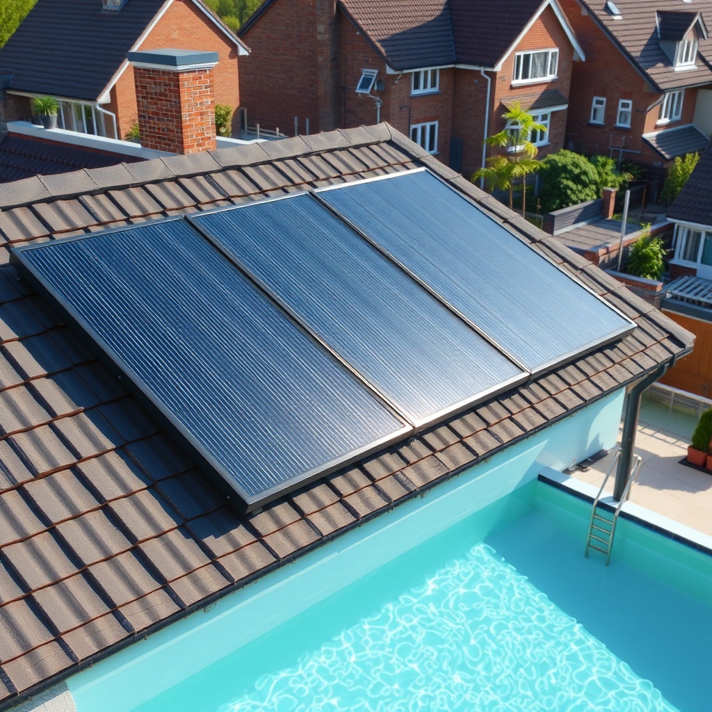 Photorealistic photo of a Fafco Solar Bear installation on a suburban UK home roof