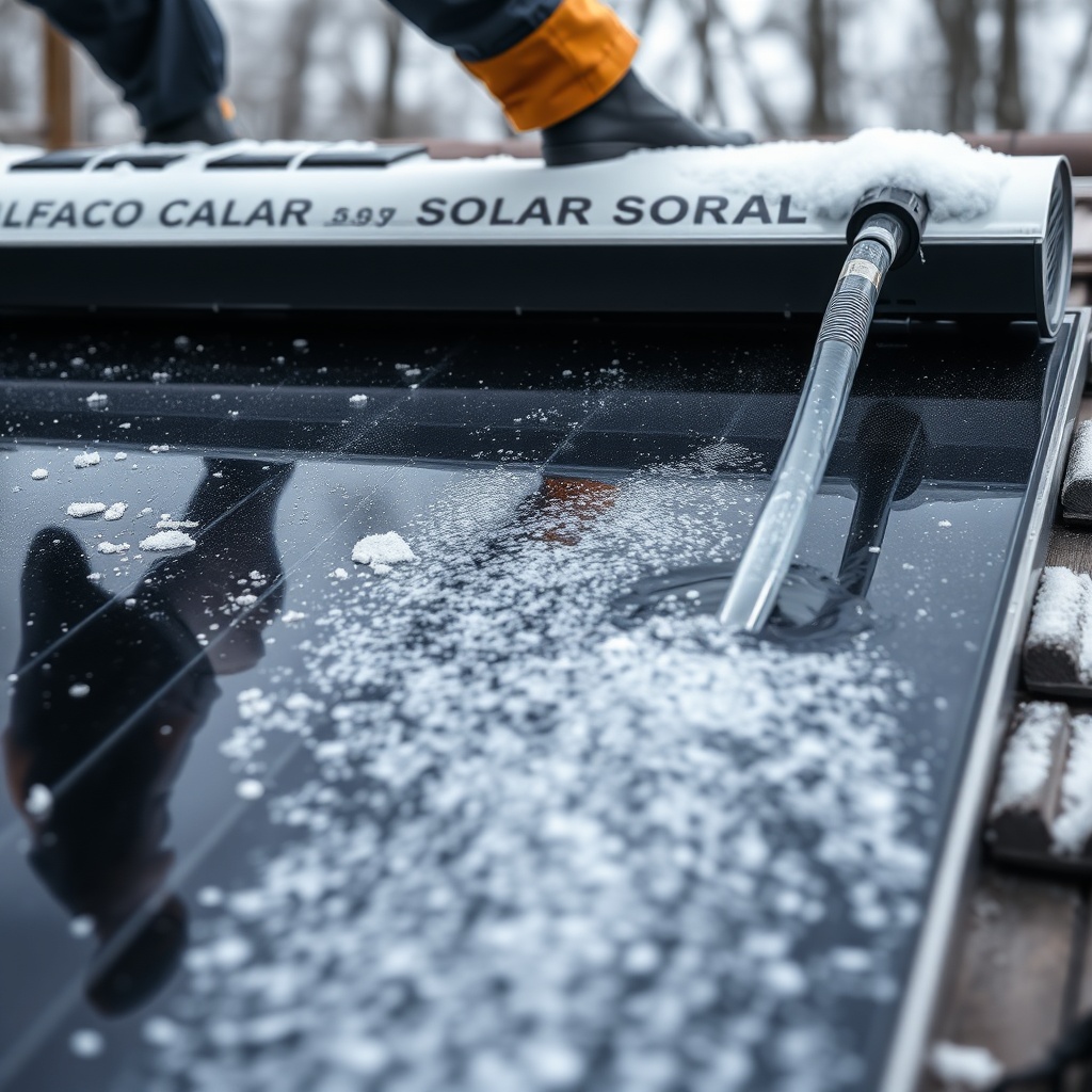 Photorealistic close-up of a Fafco Solar Bear collector being drained with a hose
