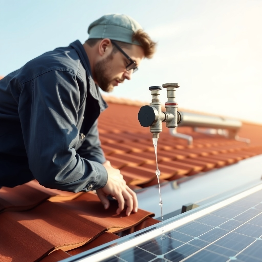 <clean photorealistic photo/illustration of a technician inspecting a rooftop solar pool h