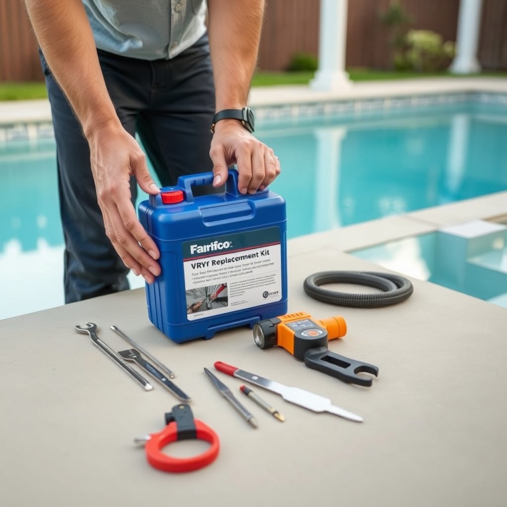 <clean photorealistic photo/illustration of a homeowner holding a blue Fafco VRV replaceme