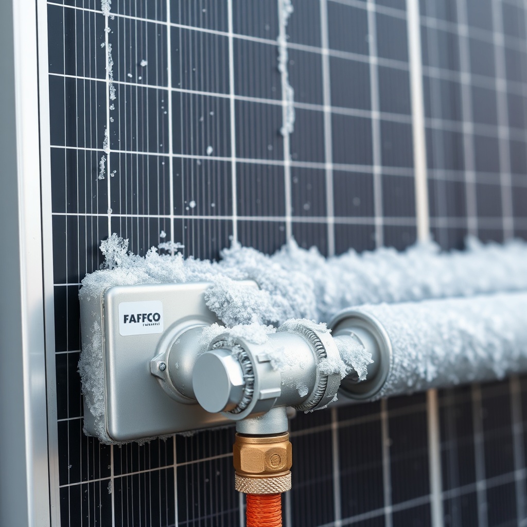 <photorealistic photo of a Fafco Solar Bear panel with frost forming on the surface
