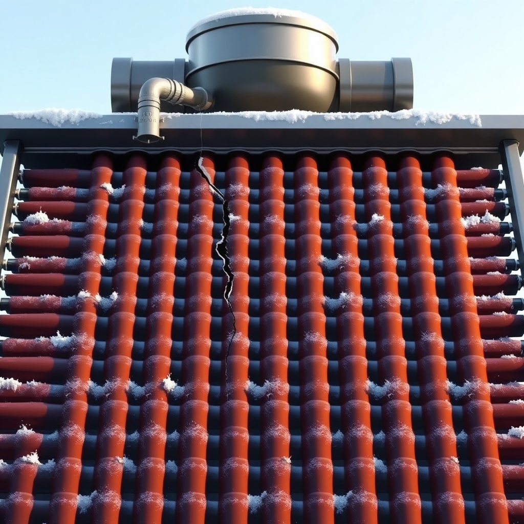 <photorealistic illustration of a Fafco Solar Bear collector panel with a visible crack ne