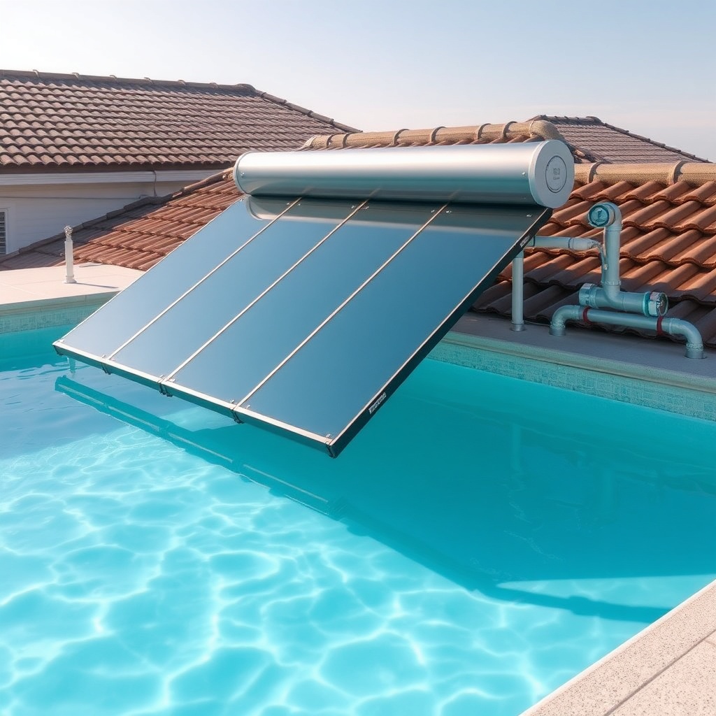 <A clean photorealistic photo of a pool with Heliocol HC-65 solar collectors installed on