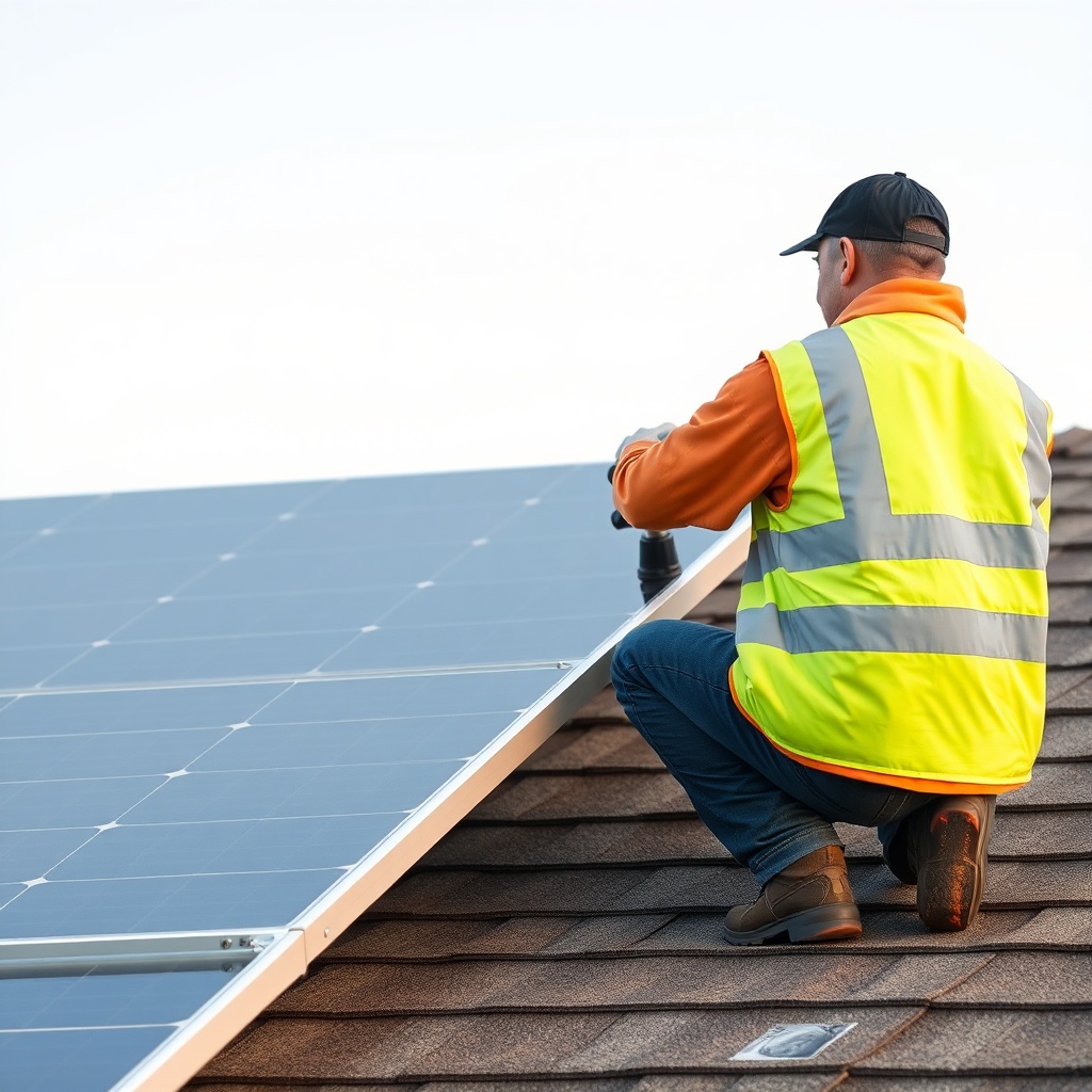 <A photorealistic photo of a technician installing a Heliocol HC-65 panel on a residential