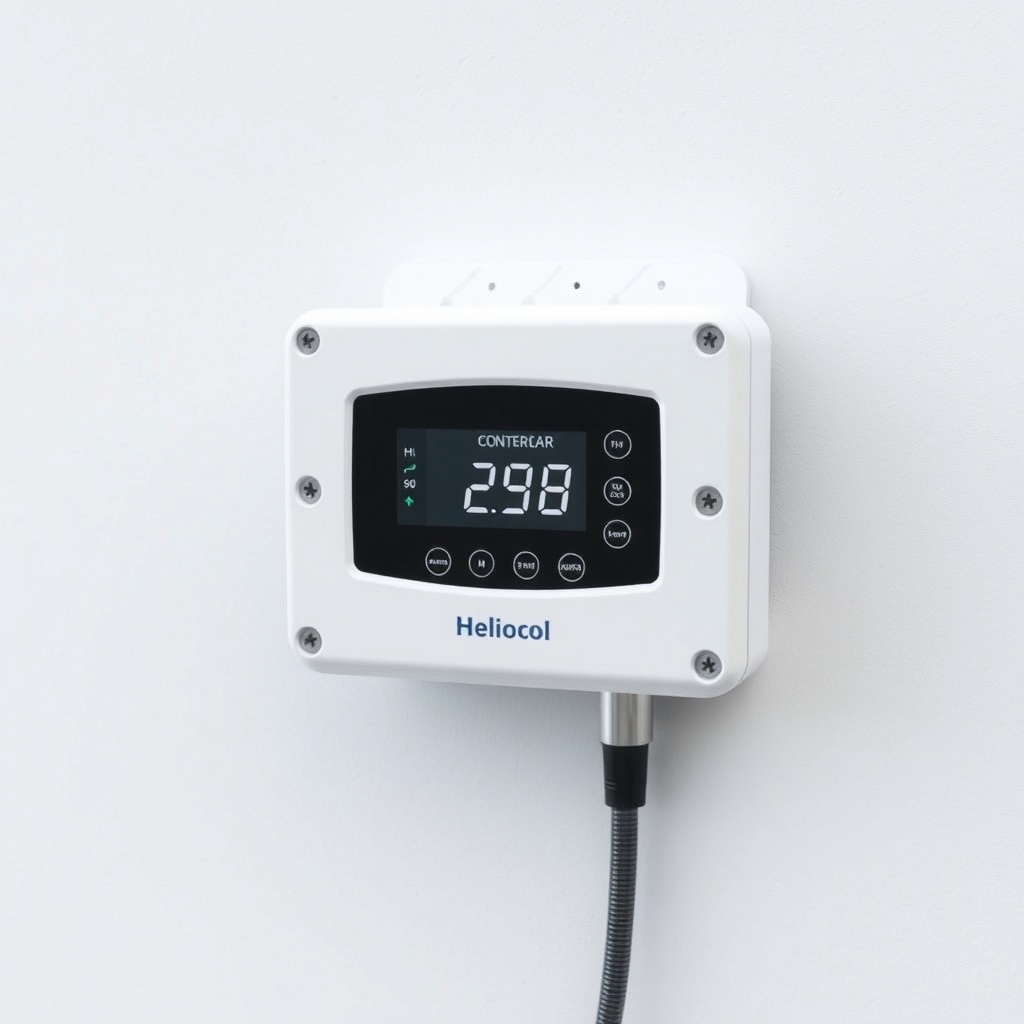 A clean photorealistic photo of the Heliocol HC-50 controller mounted on a wall near an ou