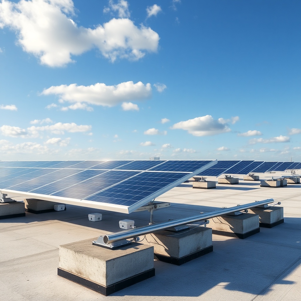 A wide shot of a flat commercial roof with several Heliocol HC-50 panels mounted using gre
