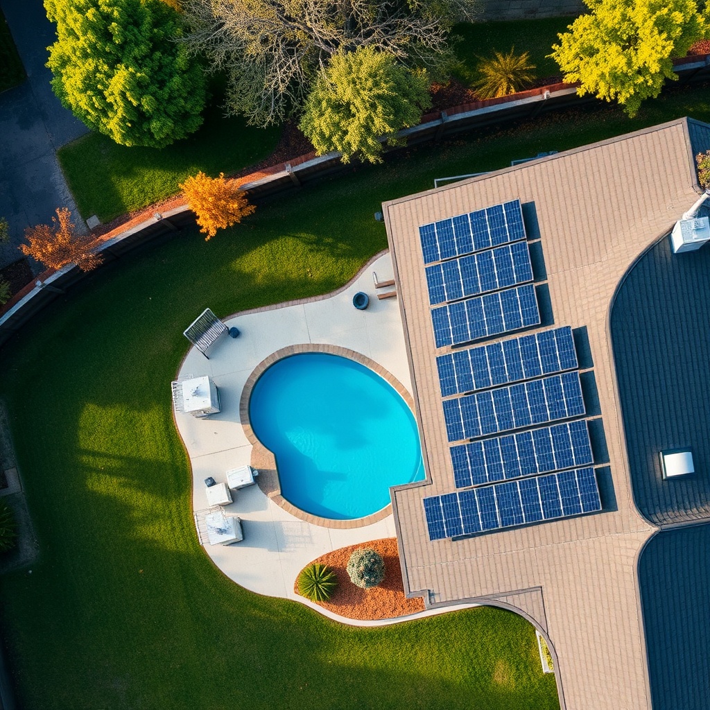 A photorealistic aerial view of a suburban backyard with a large in-ground pool and 12 Hel