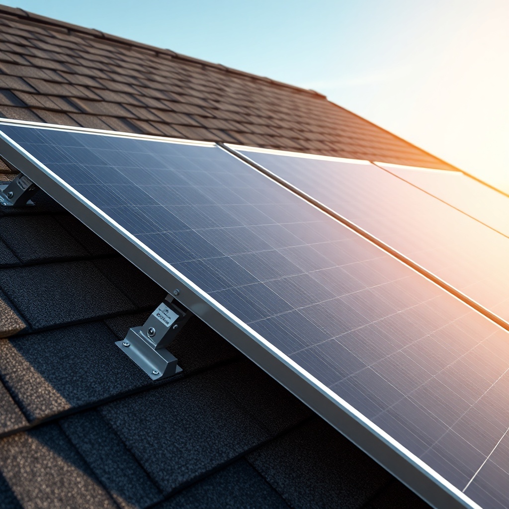 A close-up photorealistic view of three Heliocol HC-50 panels mounted on a dark shingled s