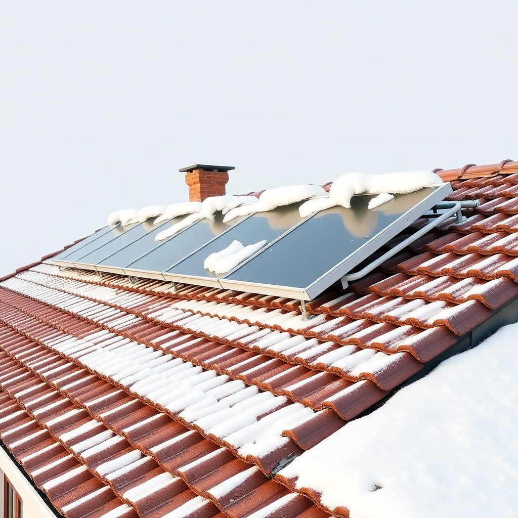 <clean photorealistic photo of Heliocol HC-50 collectors mounted on a pitched tiled roof w