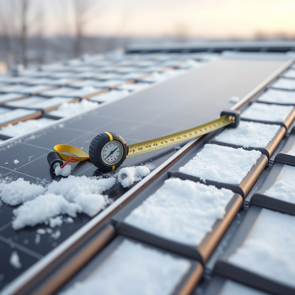 <clean photorealistic photo of a tape measure and snow depth gauge on a Heliocol HC-50 pan