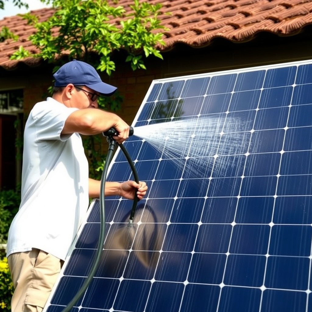 <clean photorealistic photo of a homeowner rinsing a Heliocol HC-65 panel with a garden ho