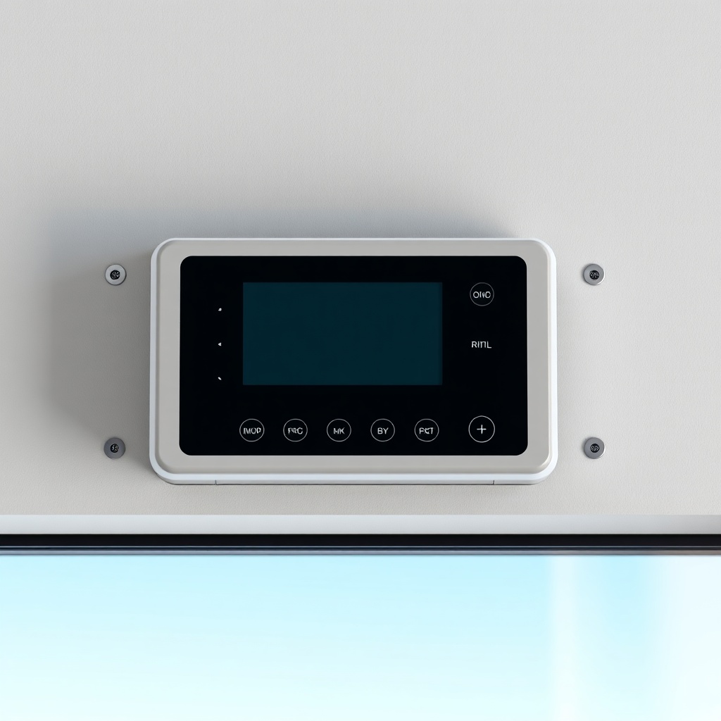 A clean photorealistic photo of a Heliocol HC-65 controller mounted on a wall