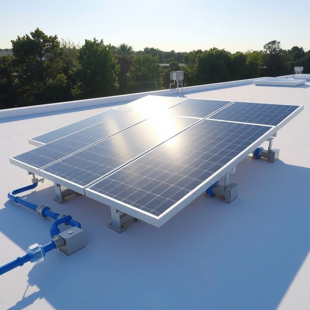 <clean photorealistic photo of a Heliocol HC-65 installation on a flat roof with ballast m