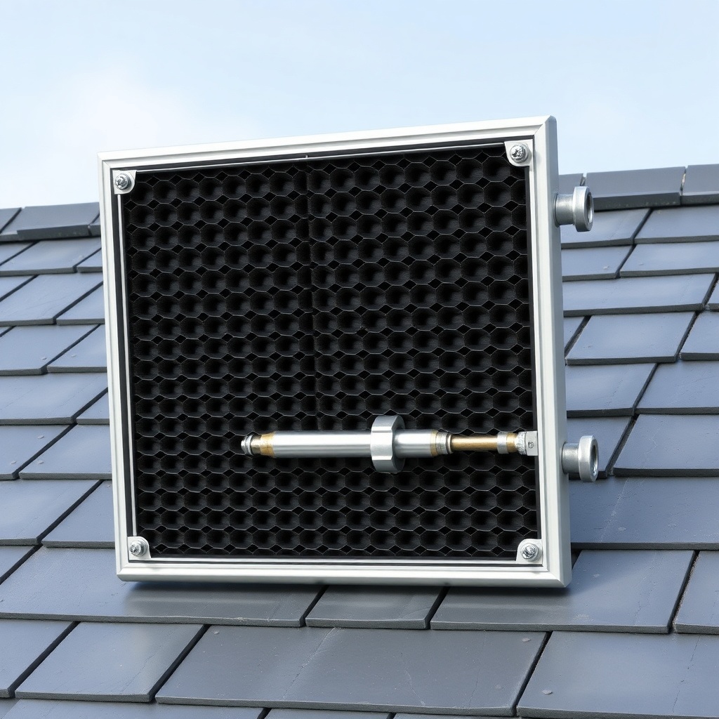<clean photorealistic photo of a Heliocol HC-65 panel being mounted on a slate roof with s