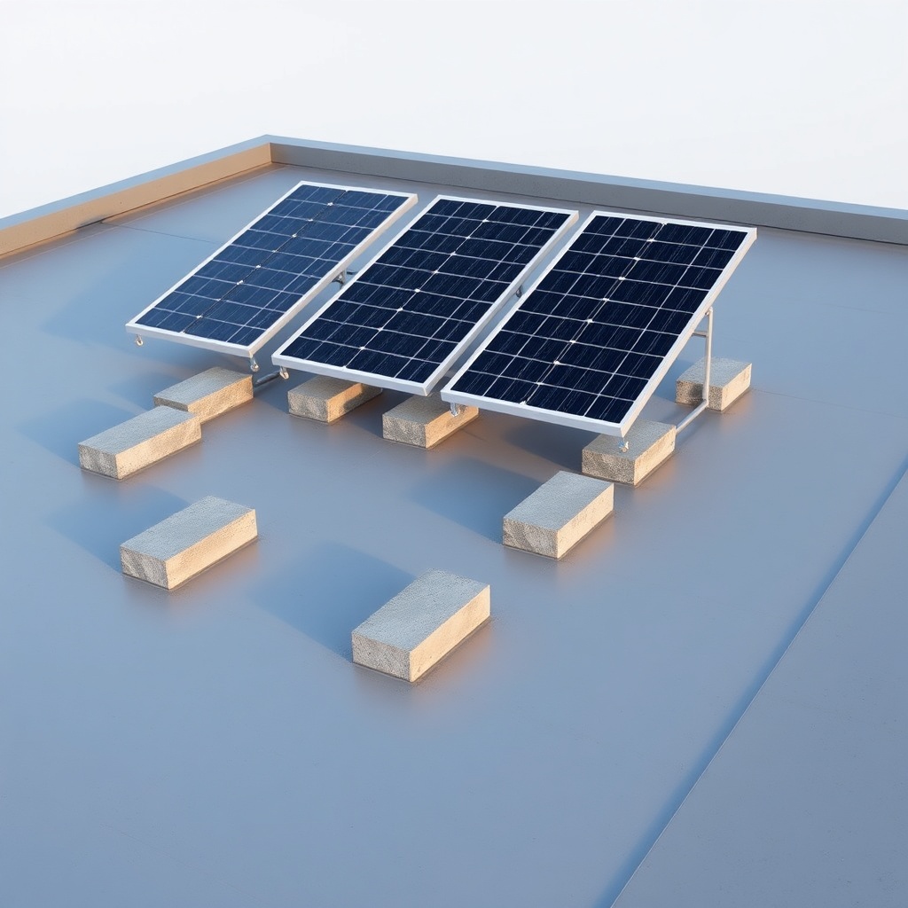 A clean photorealistic photo of a flat roof with four Heliocol HC-65 panels mounted on alu