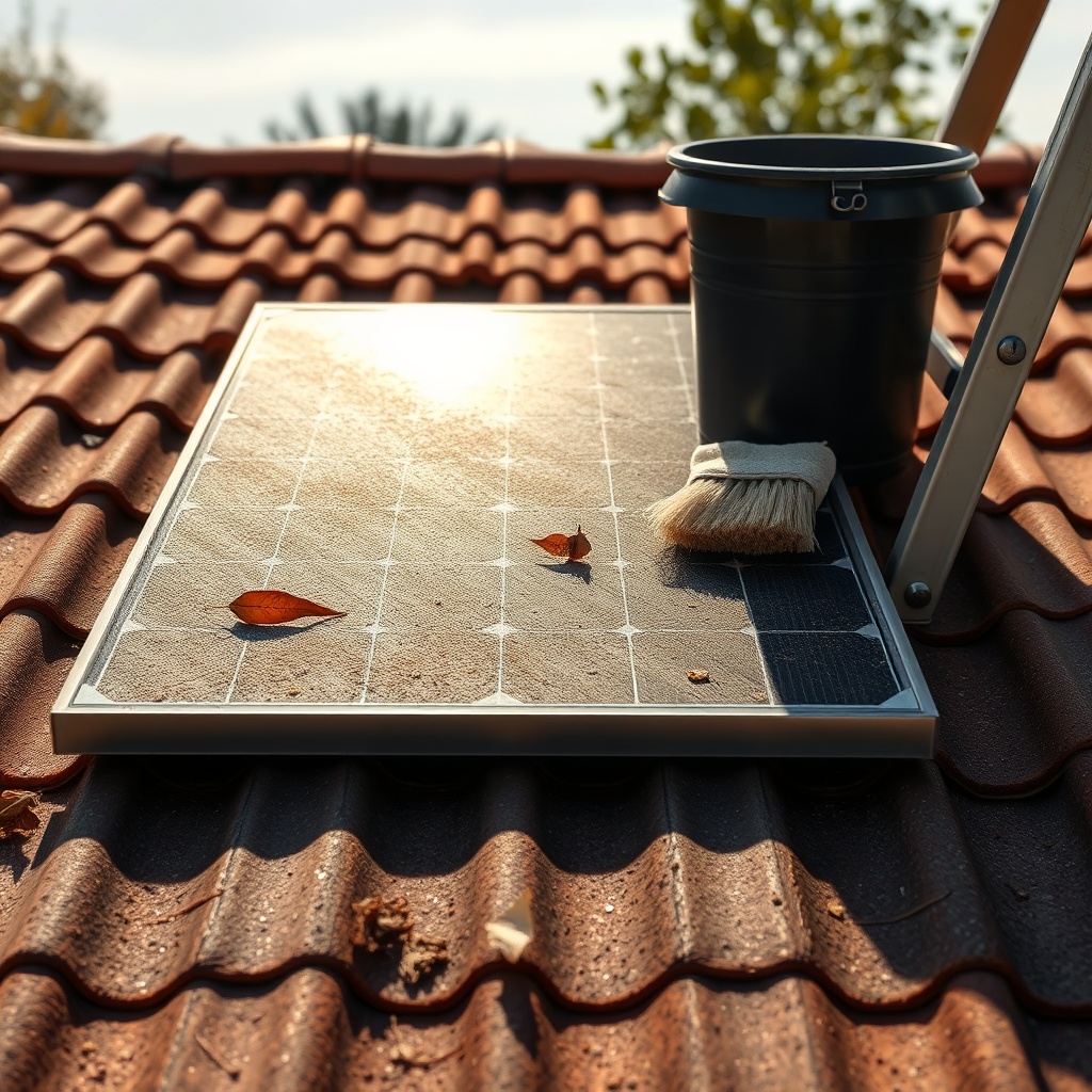 A close-up photorealistic photo of a Heliocol HC-65 panel on a tiled roof