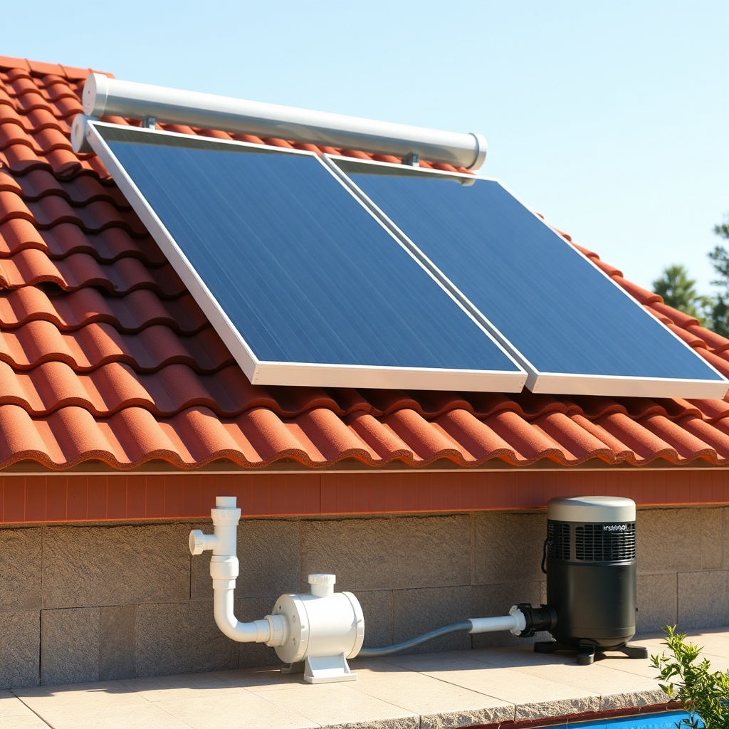 <photorealistic photo of a residential solar pool heating installation with four Heliocol