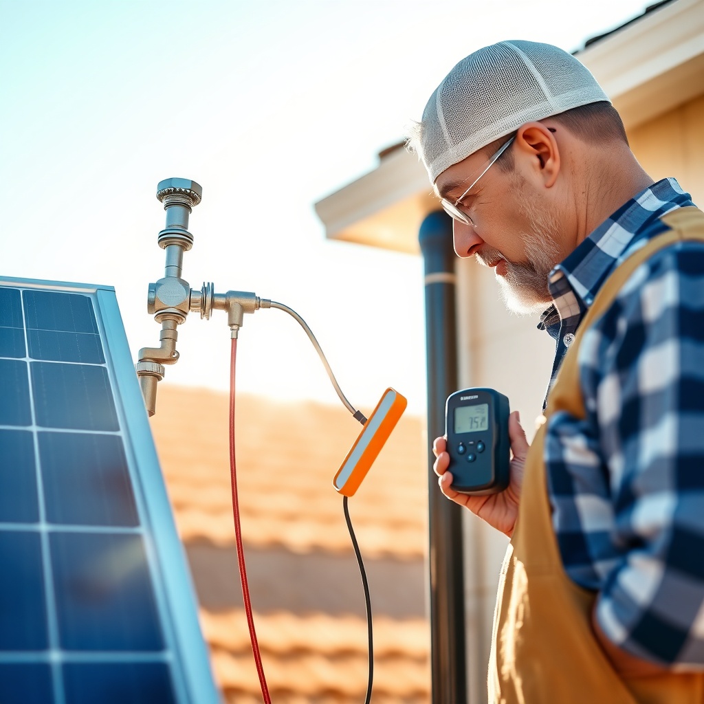 <clean photorealistic photo of a homeowner checking a solar panel manifold with a digital