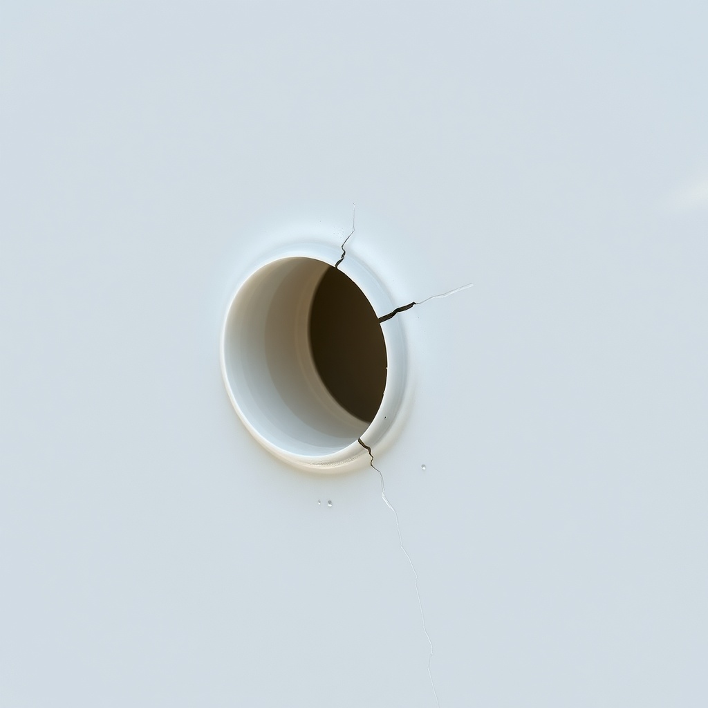 <clean photorealistic close-up of a cracked polymer tube on a Heliocol panel