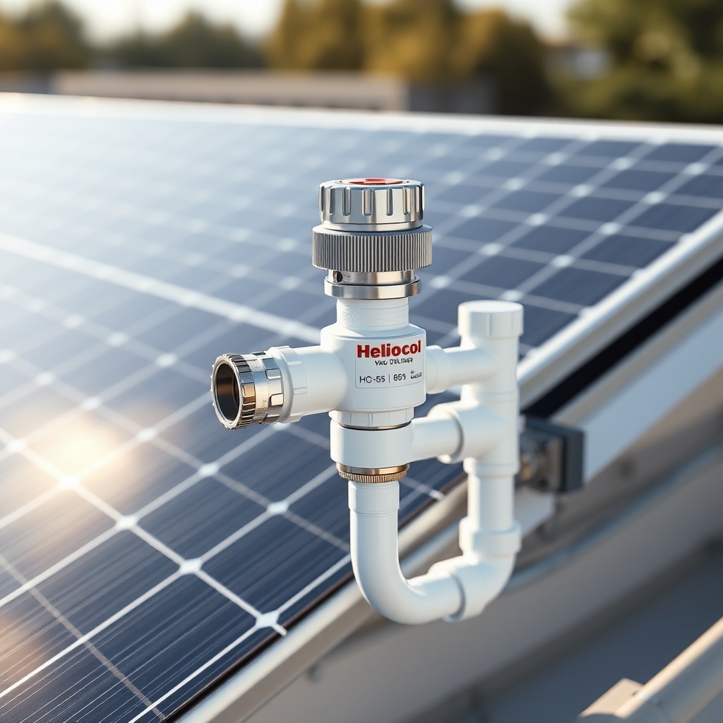 <clean photorealistic photo of a Heliocol HC-65 vacu-relief valve installed on a rooftop s