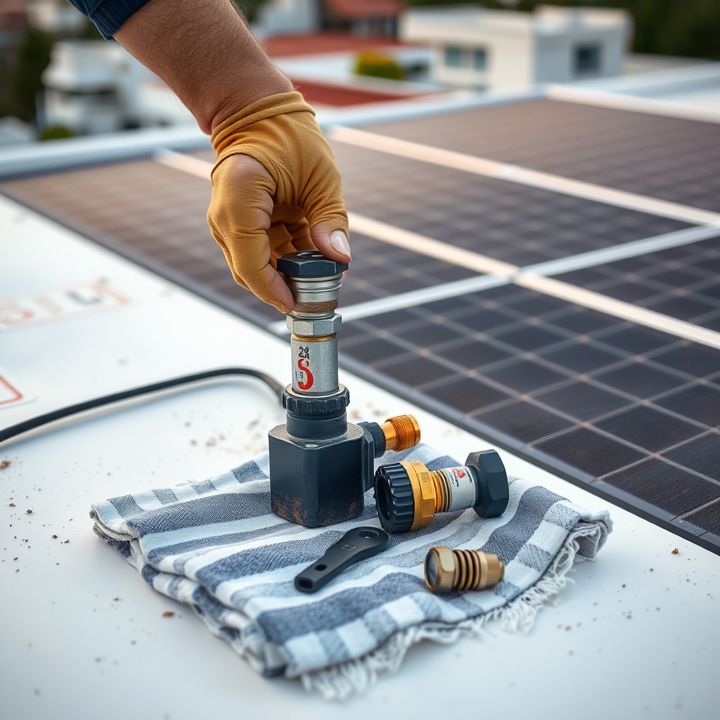 <clean photorealistic photo of a mechanic's hand replacing a vacu-relief valve on a roofto