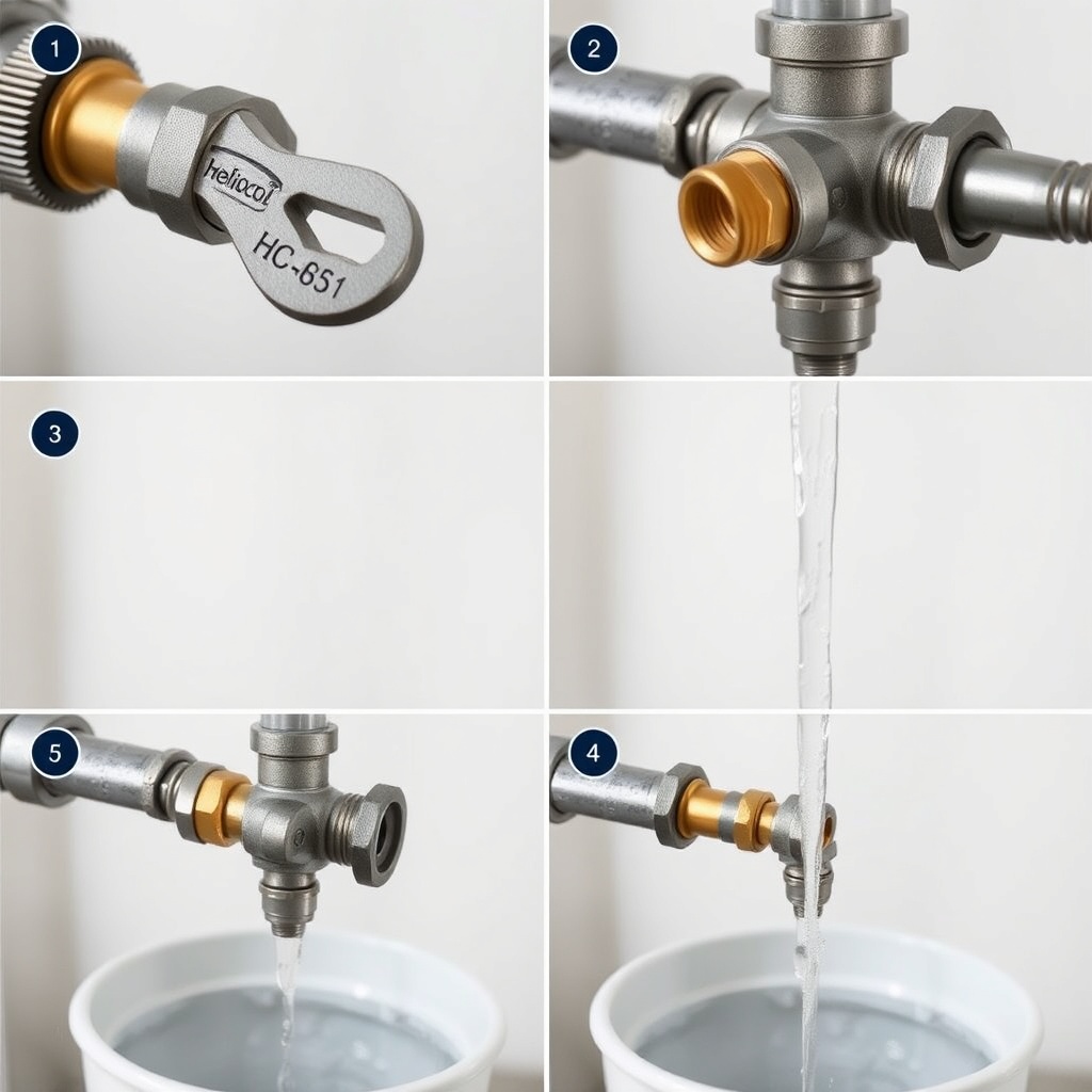Detailed step-by-step photo series showing a wrench turning a brass vacu-relief valve on a