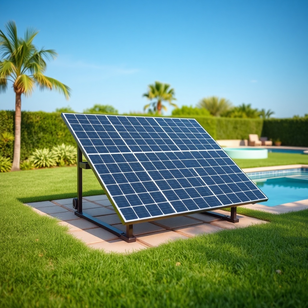 A clean photorealistic photo showing a SolarPoolPro solar panel array mounted on concrete