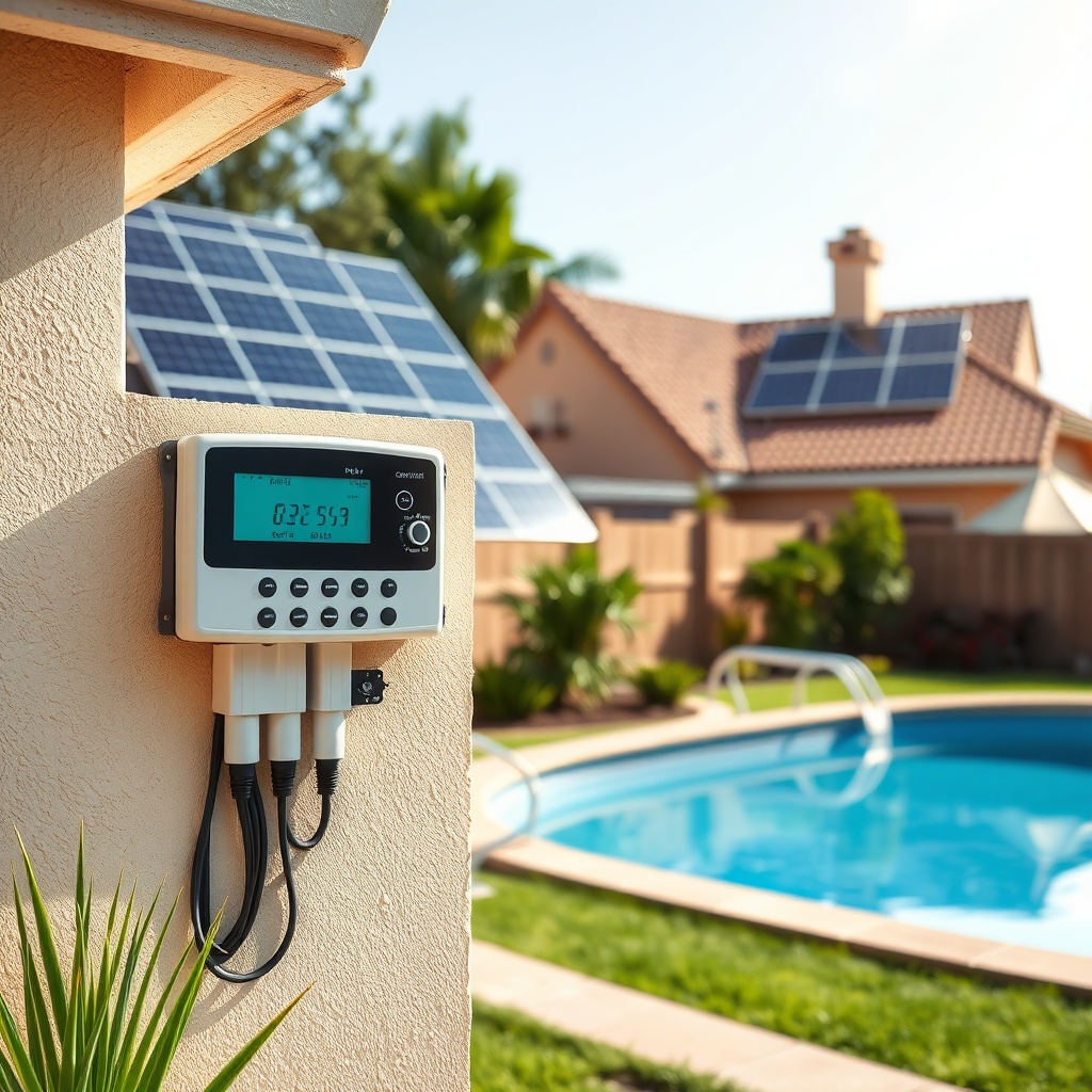 A photorealistic wide shot of a residential backyard with a SolarPoolPro controller mounte