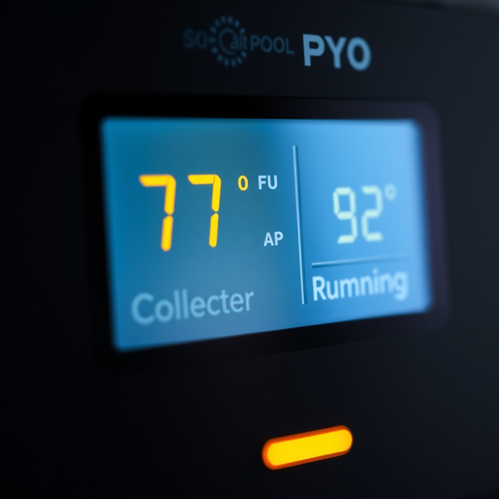 A close-up photorealistic photo of a SolarPoolPro X10 controller screen showing a clear di