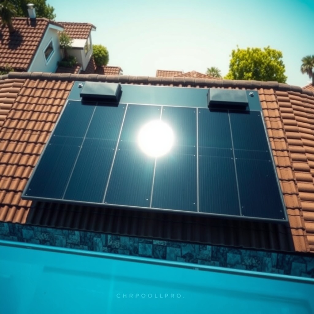 A photorealistic overhead shot of a SolarPoolPro panel installation on a residential roof