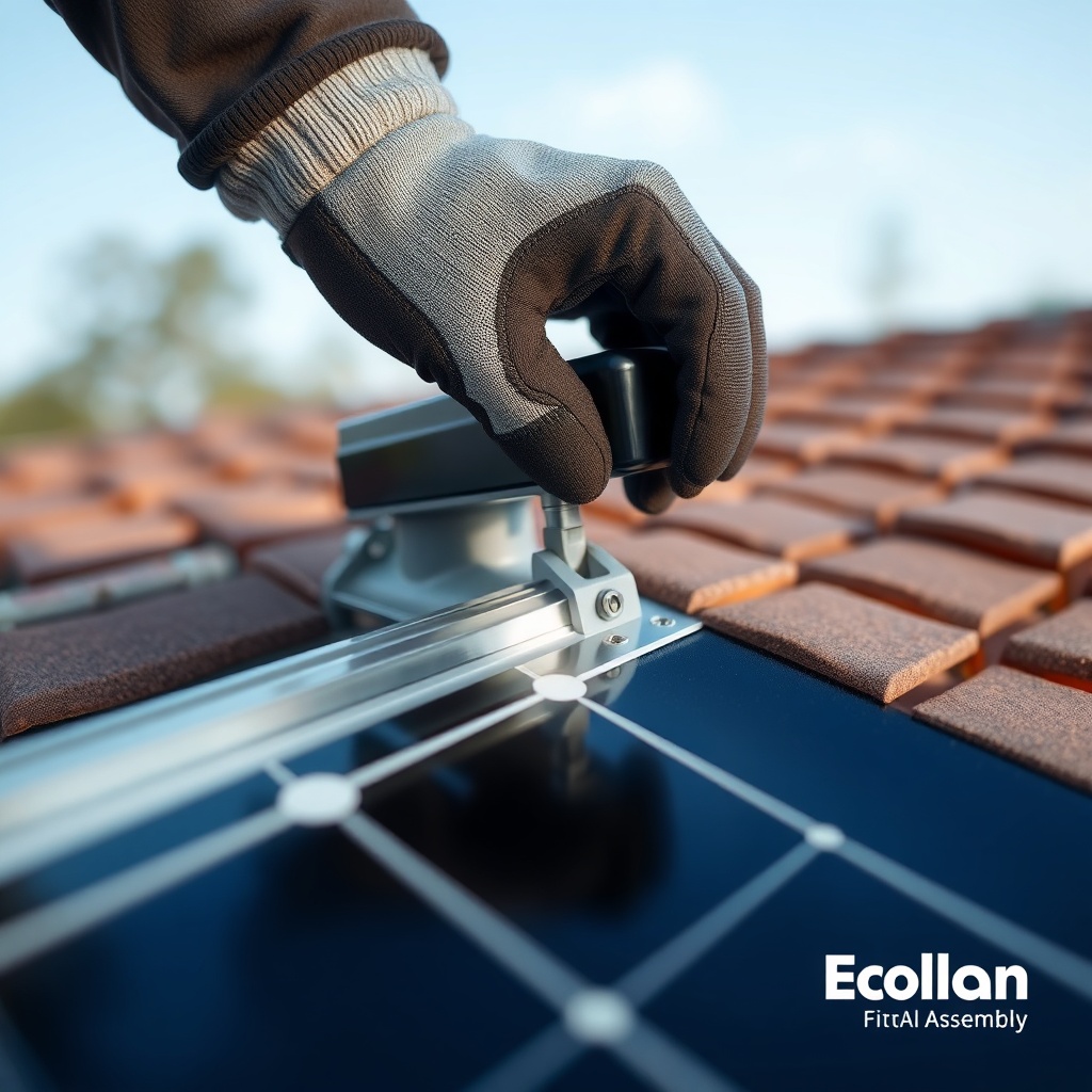 A photorealistic close-up of a gloved hand connecting a SolarPoolPro panel header with a s