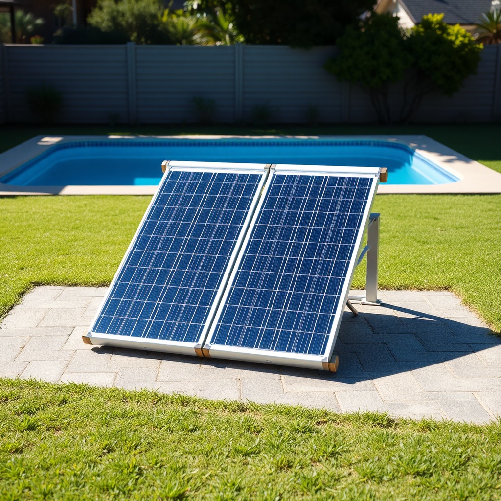 A clean photorealistic photo of a four-panel solar pool heater array sitting on interlocki
