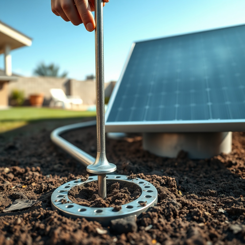 A clean photorealistic photo of a person driving a galvanised ground spike into soil next