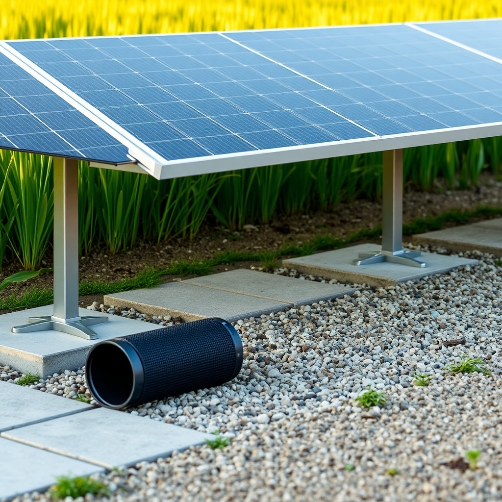 A clean photorealistic photo of a SolarPoolPro ground-mount array showing both concrete pa