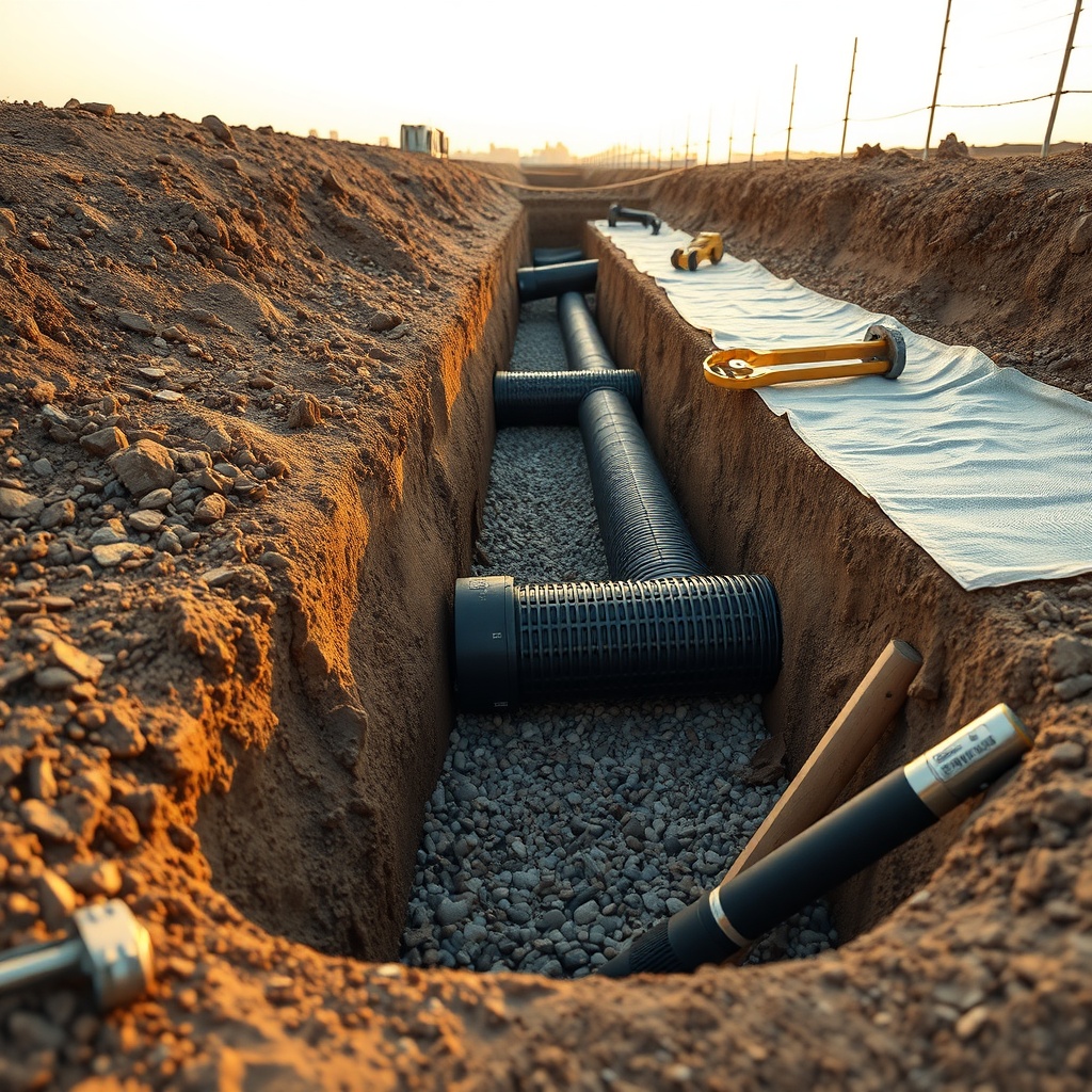 A clean photorealistic photo of an excavated trench showing black perforated pipe laid in