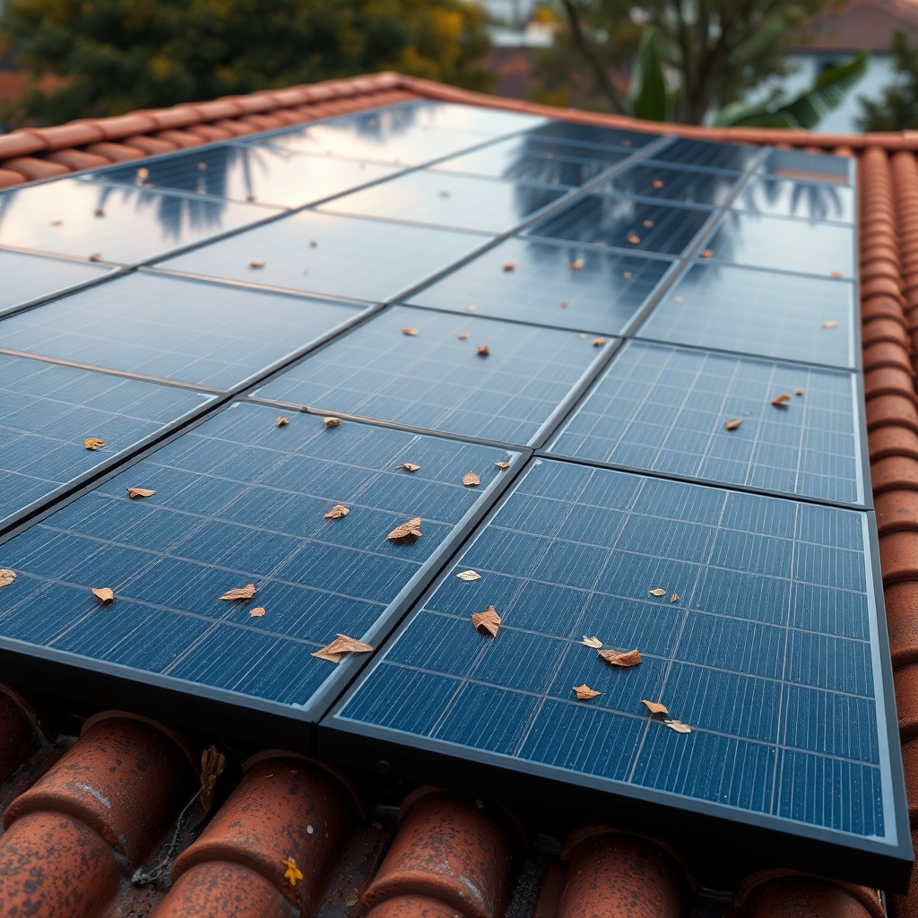 <photorealistic photo of a SolarPoolPro array on a tiled roof