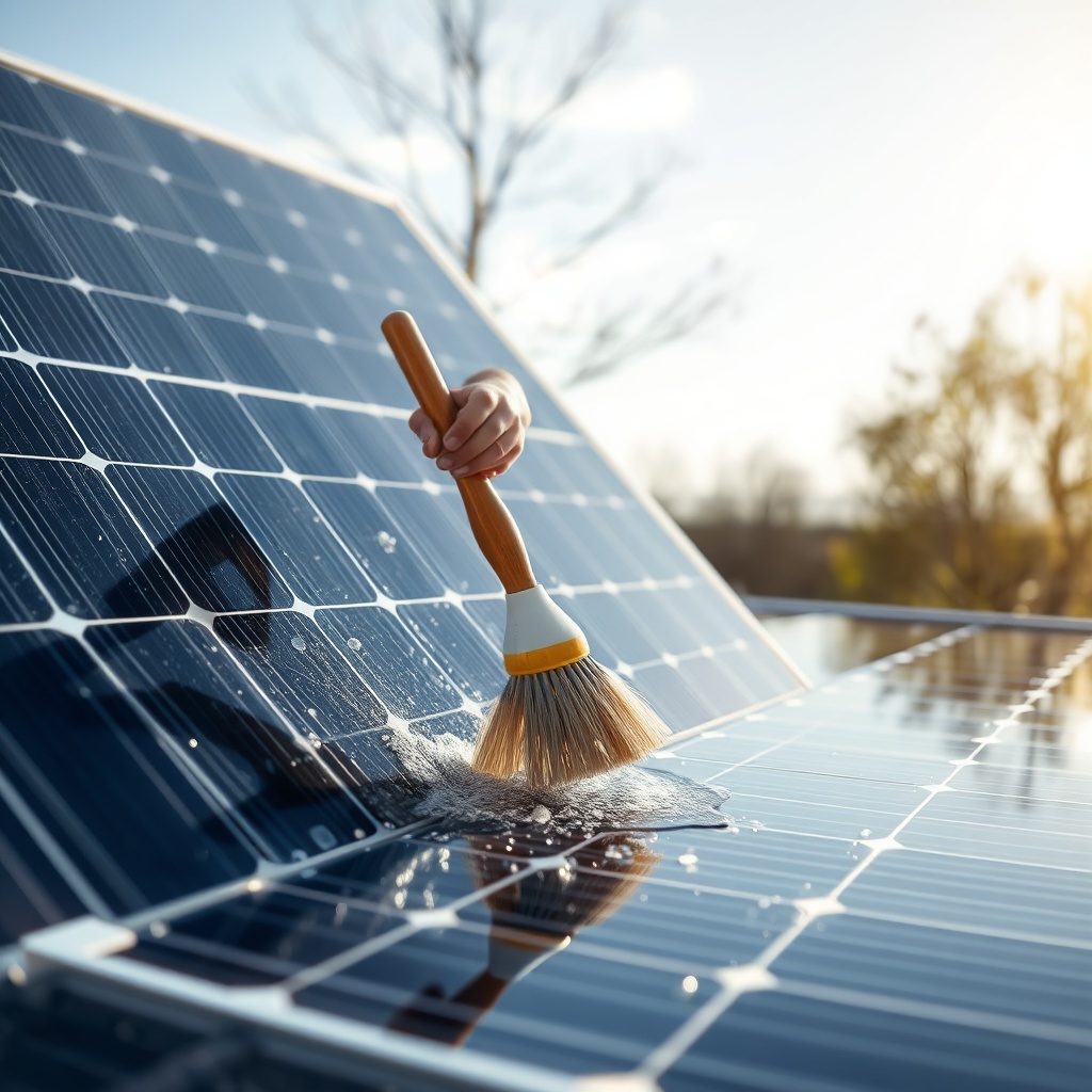 <photorealistic photo of a person using a soft-bristle brush and bucket to clean a SolarPo