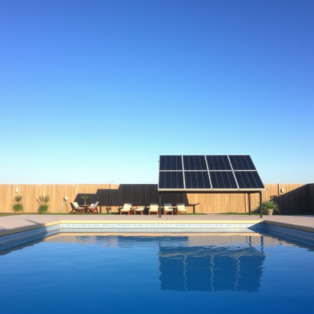 Wide shot of a backyard pool with SolarPoolPro thermal panels mounted on a tilted ground f