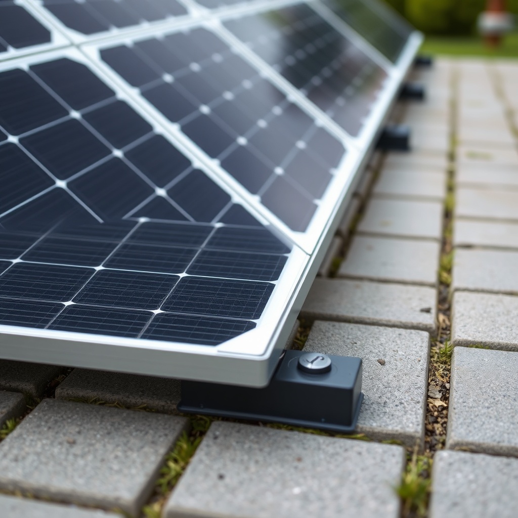 Close-up of SolarPoolPro ground mount with concrete pavers