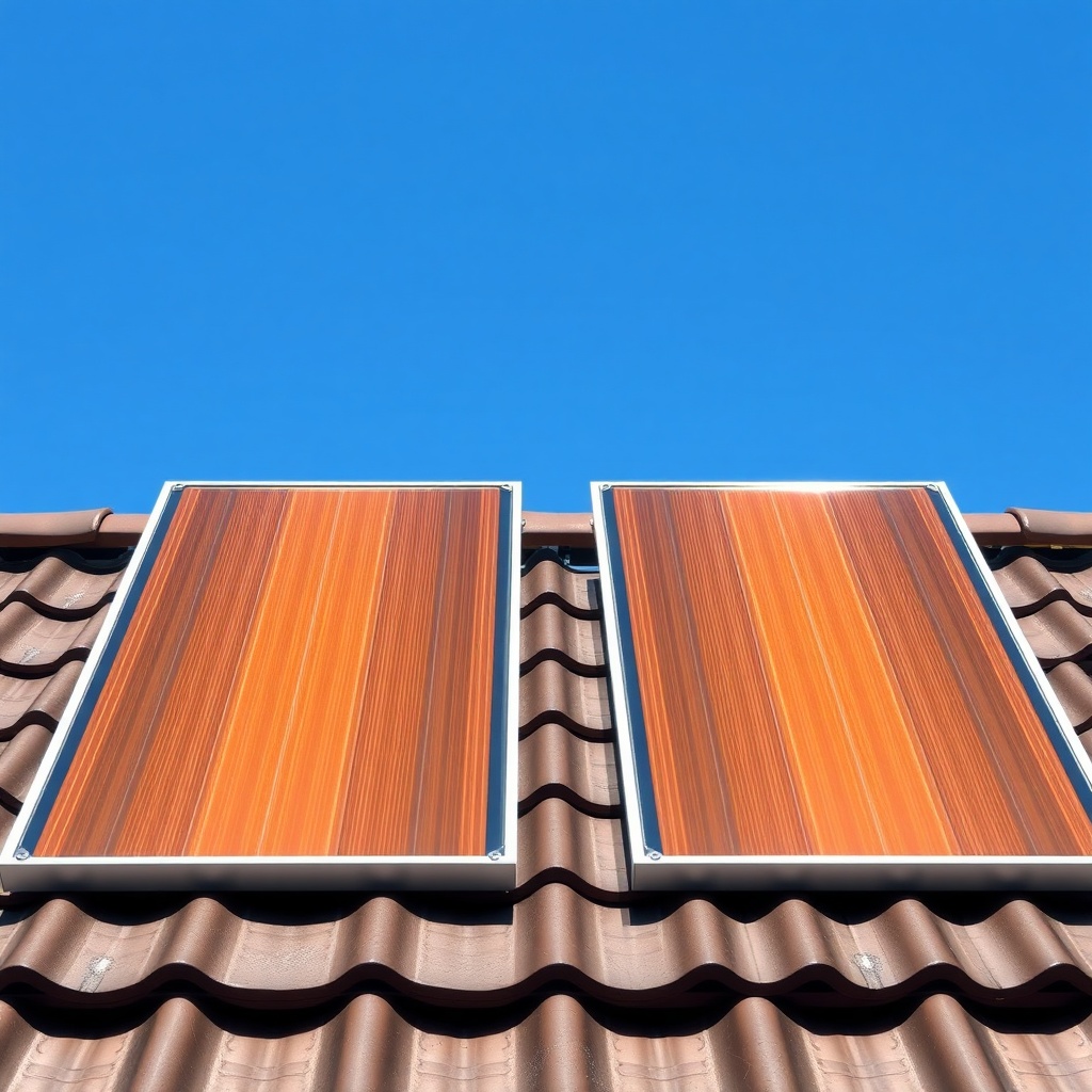 A clean photorealistic photo of a pair of flat SolarPoolPro panels on a tiled roof with co