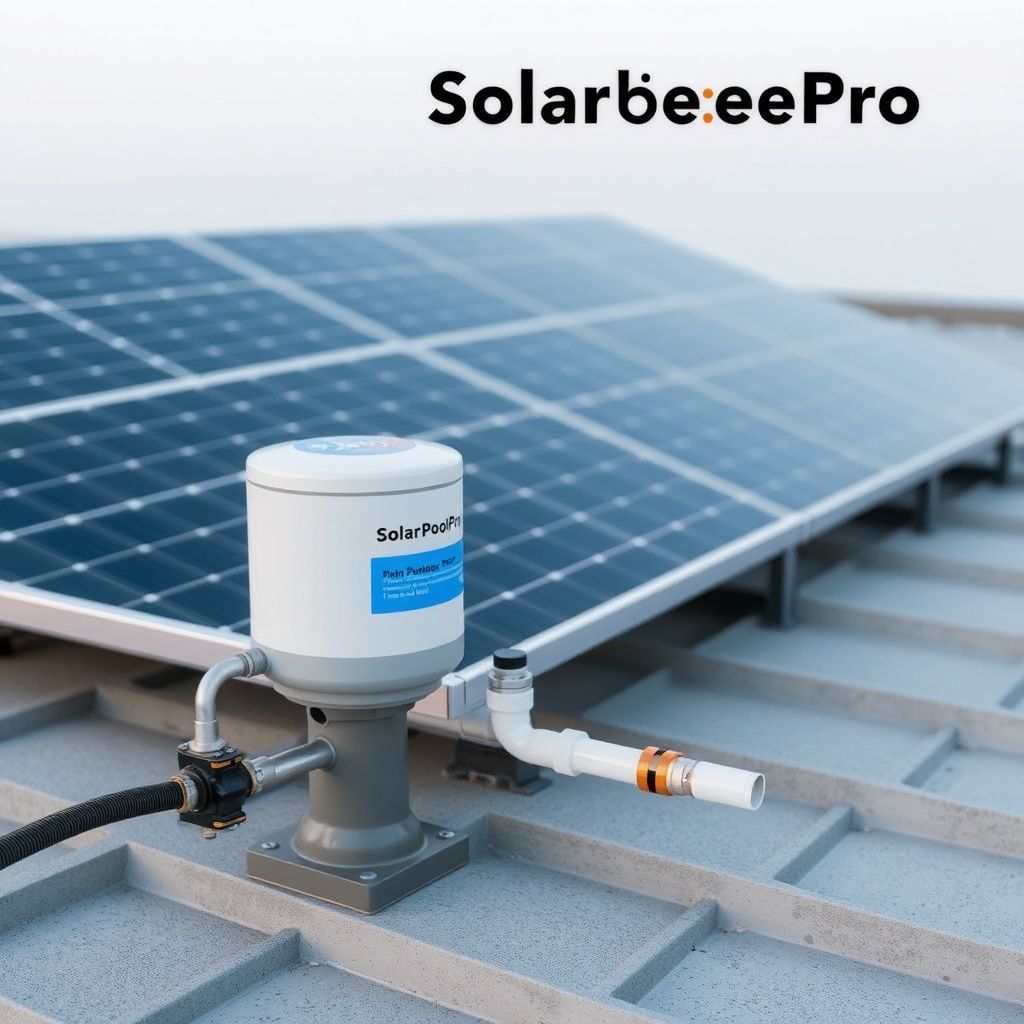 A clean photorealistic photo of a SolarPoolPro panel array on a flat roof with a visible p