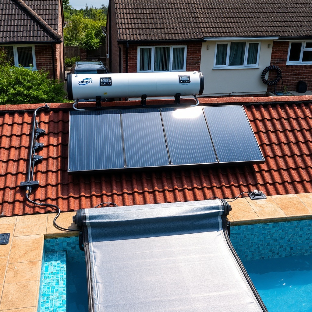 A photorealistic photo of a SolarPoolPro system installed on a tiled roof behind a UK subu