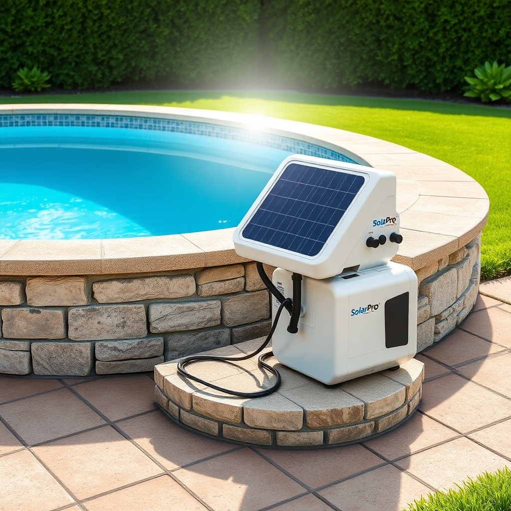 A photorealistic illustration of a SolarPoolPro system mounted on a concrete paver ground