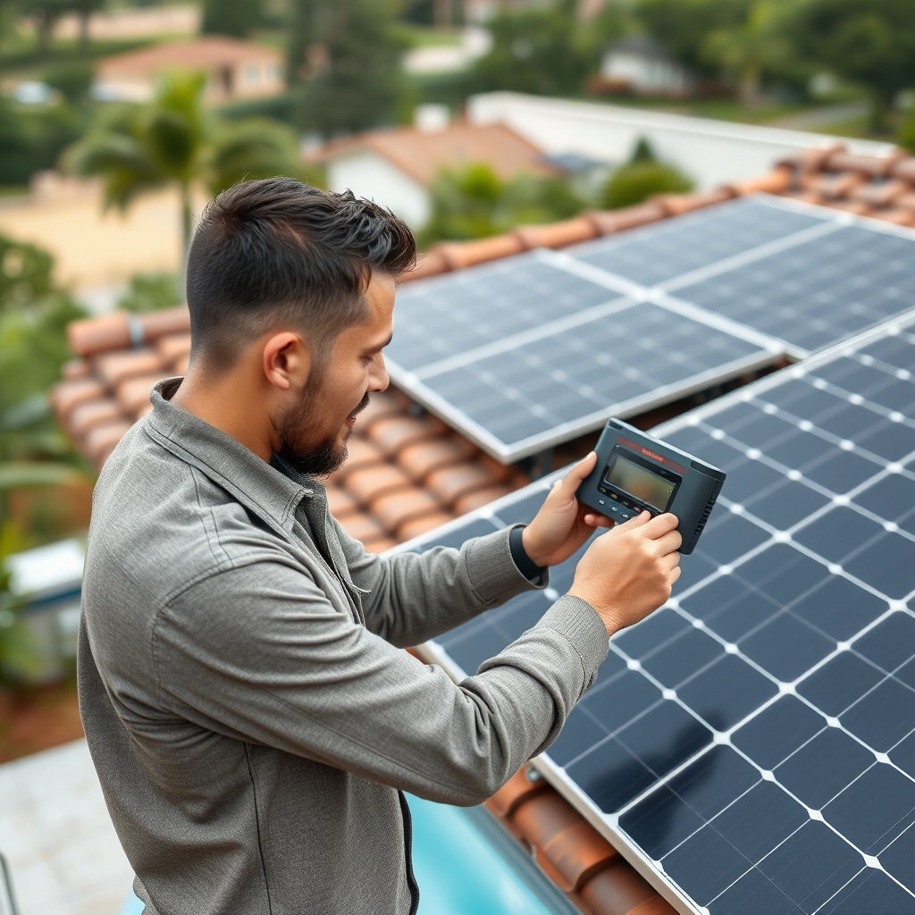 <clean photorealistic photo of a homeowner inspecting a solar panel array on a roof