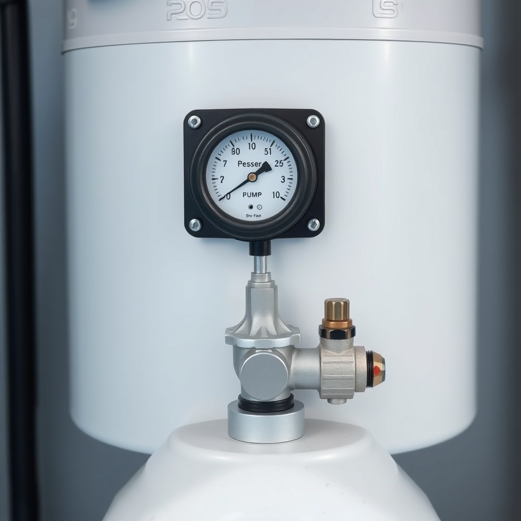 <clean photorealistic photo of a pool pump area with a pressure gauge and air bleed valve