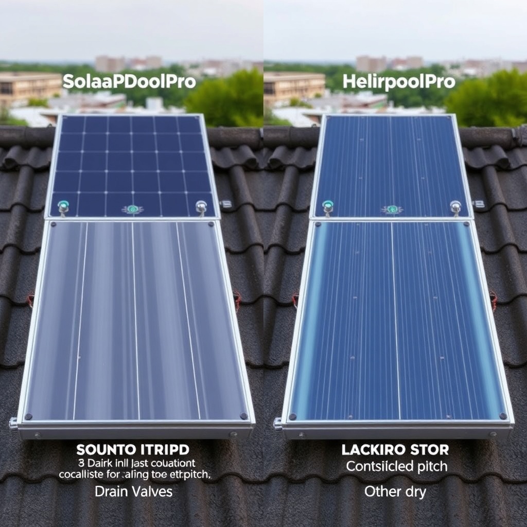Side-by-side comparison of SolarPoolPro and Heliocol panels on a rooftop