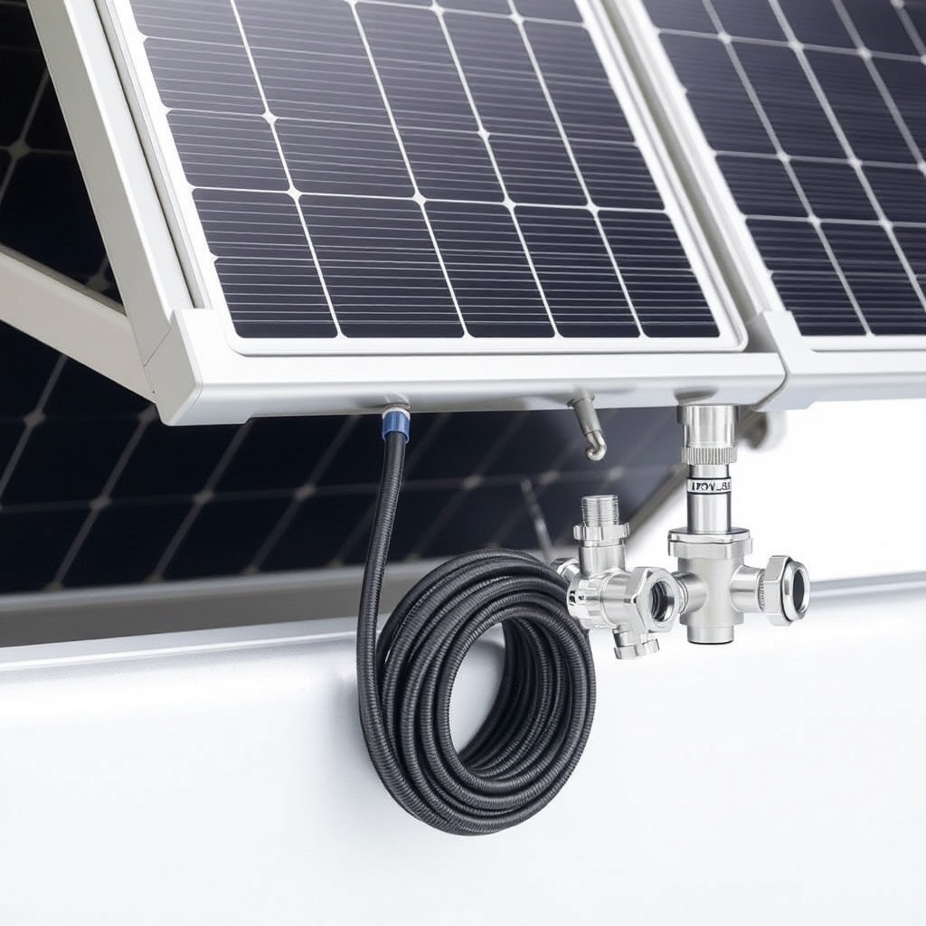 A photorealistic photo of a SolarPoolPro system with panels tilted at a slight angle for d